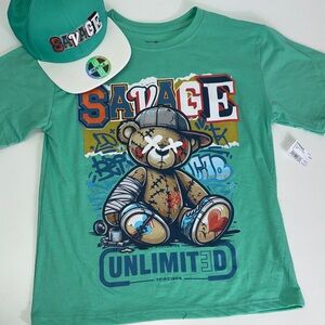 Savage Kids Green Graphic Tee & hat Sz L 10-12 NWT